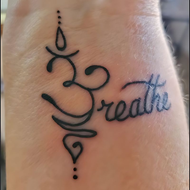 Just Breathe Om Symbol Tattoos on men hand bold line