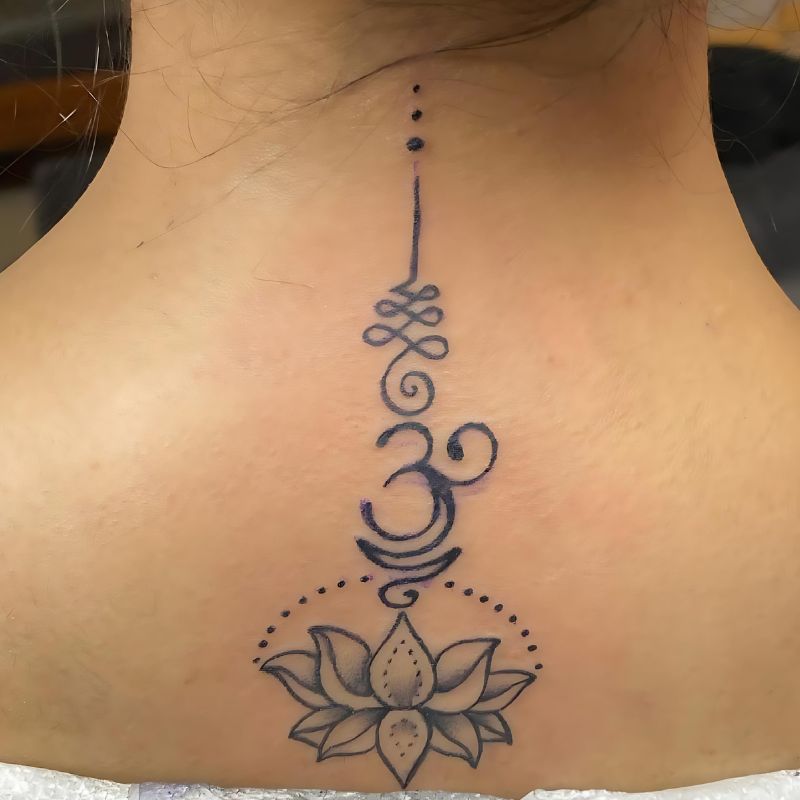 Unalome Om Lotus Breathe symbol tattoo designs for females Back